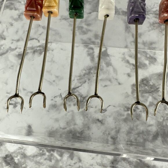 Vintage Tiki Easter Island Cocktail Appetizer Forks Skewer Carved Stone Set 12 - Picture 5 of 8